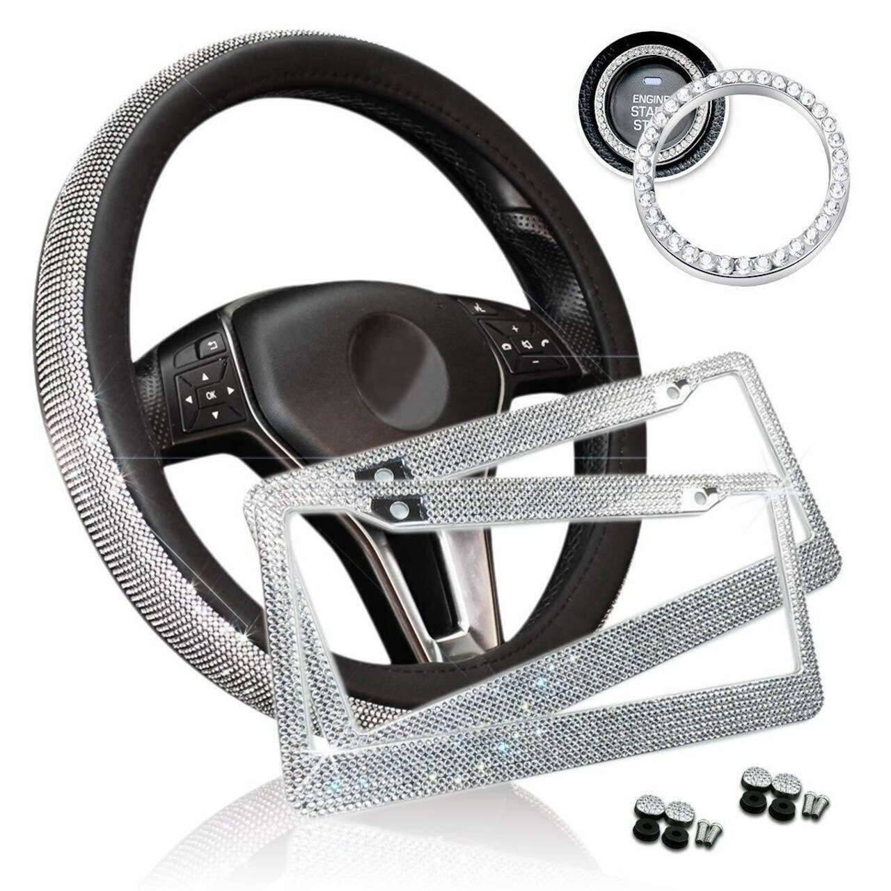 Zone Tech Car Bling Set Steering Wheel Cover License Plate Frame Ring Sticker